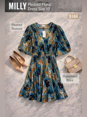 Milly Pleated Floral Dress Size 10 NWT $450 MSRP Statement Print